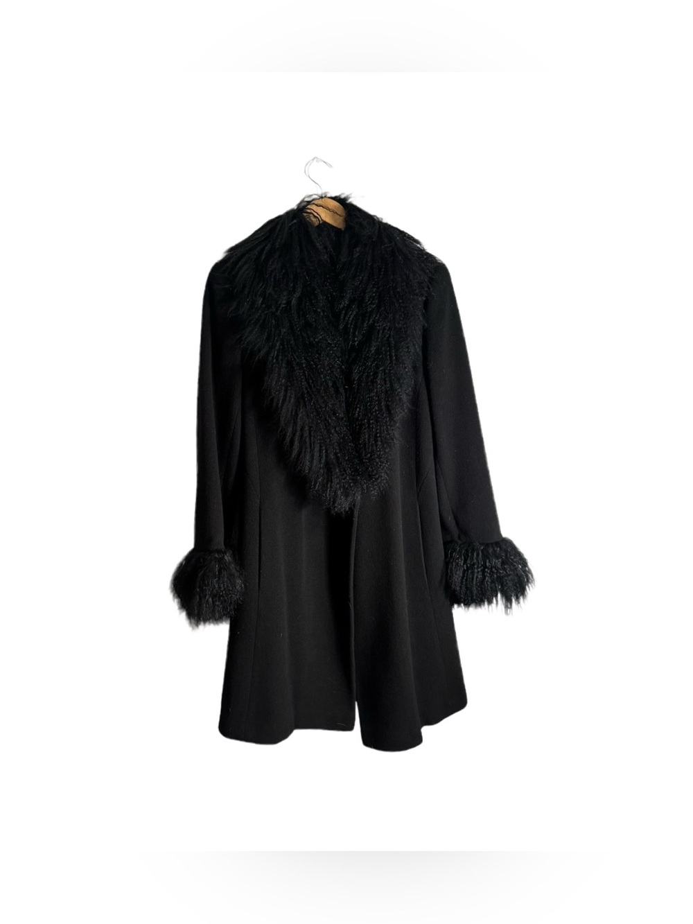 Marvin Richard's Wool Trench Coat Women's 8 Black Himalayan Sheep Fur Trim 90s